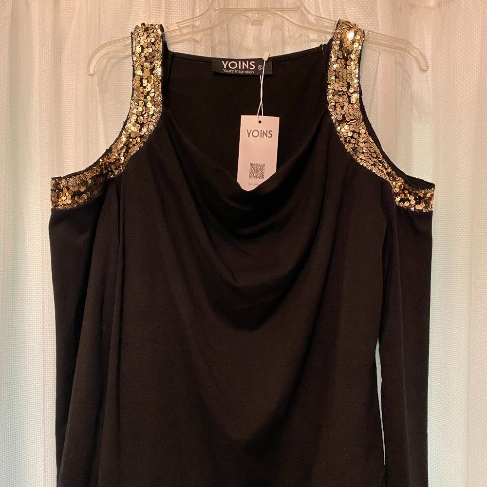 YOINS Shoulder Cutout Gold Sequin Black Top